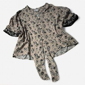 Vera Bradley Pink and Black Floral Print Short Sleeve Top, Size X-Large